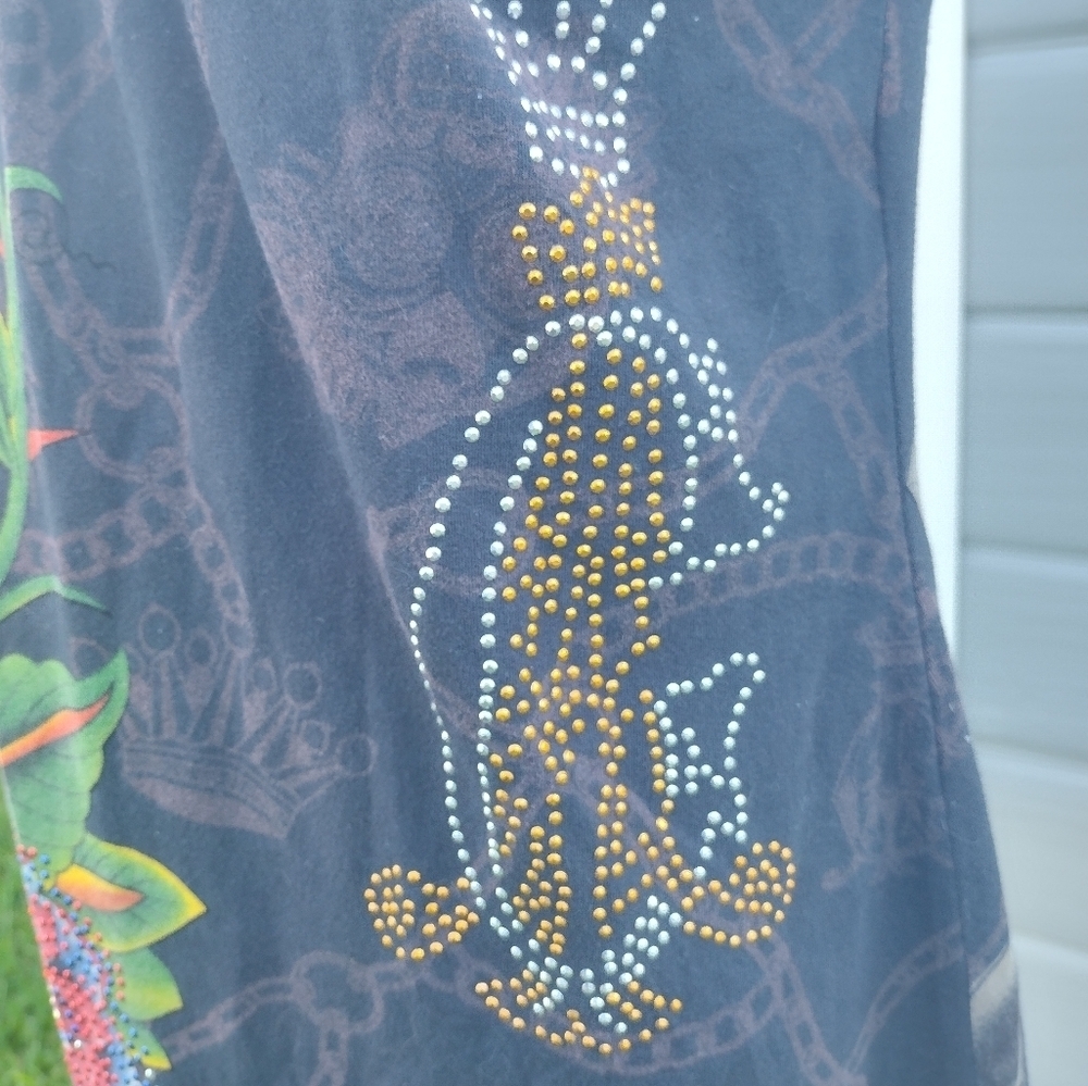 Christian Audigier Y2K Womens Black Rhinestone Roses Tank Top Blouse M - Picture 3 of 11